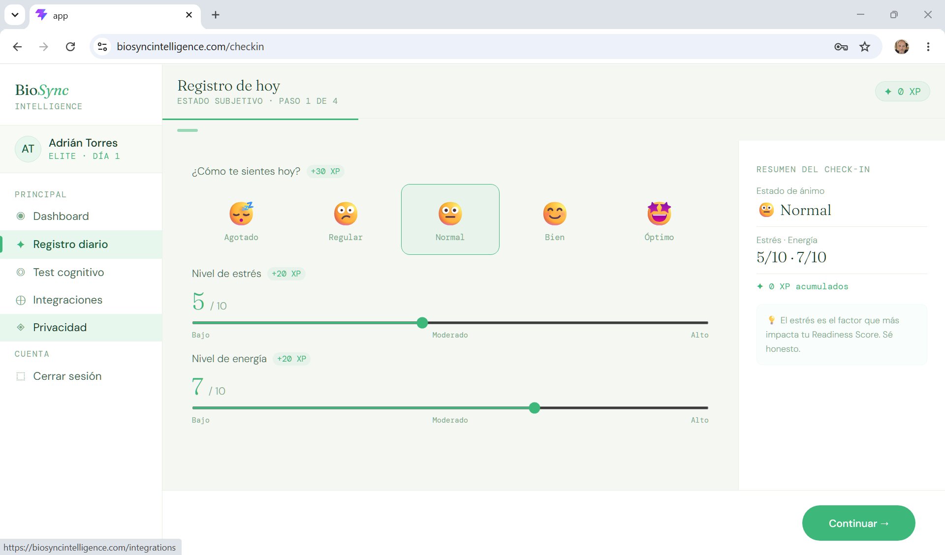 Check-in diario de BioSync